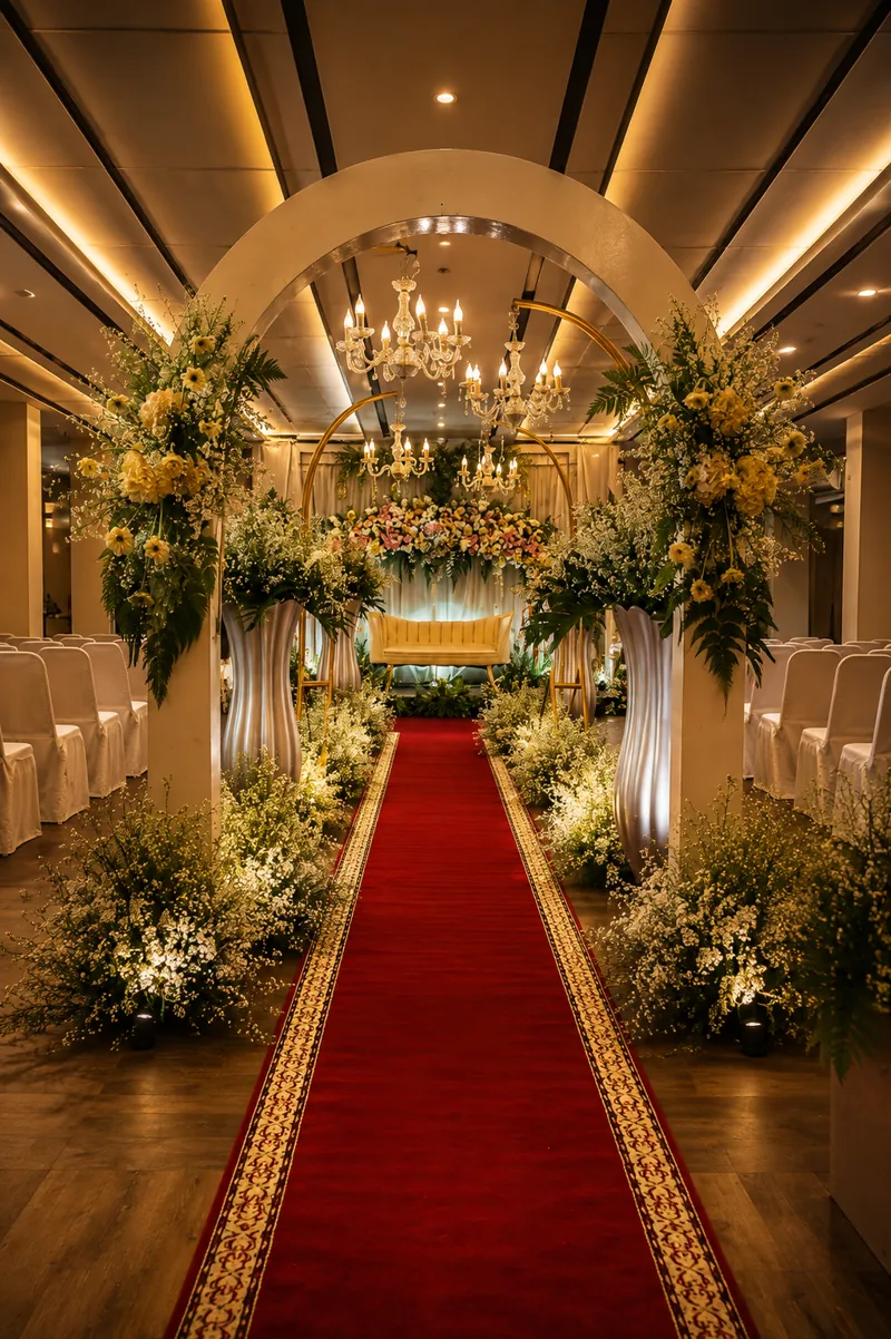 Aisle berkarpet merah dengan lengkungan bunga dan sofa krem
