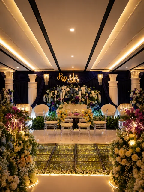 Pelaminan dengan bunga putih ungu, sofa krem, dan lantai bercahaya